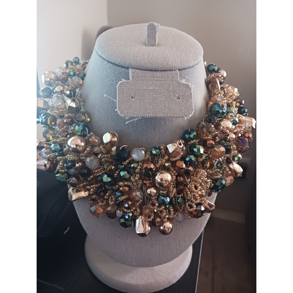 Artison Chunky Statement Bib Necklace Beaded Crystal Gold Green Cluster